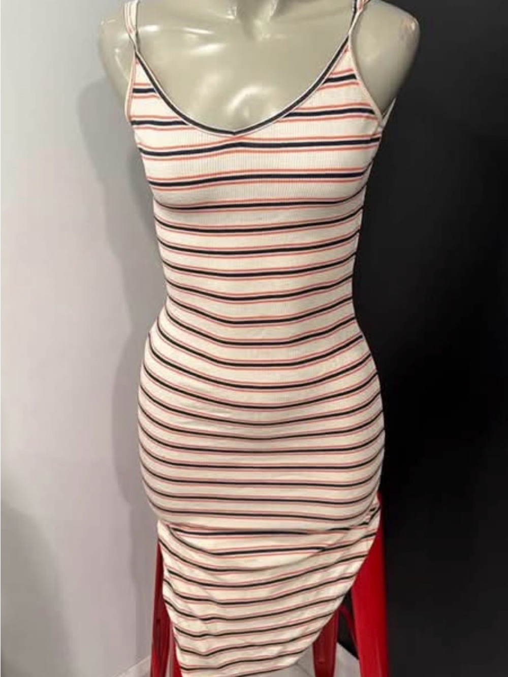Garage Cream Striped Ribbed Midi Dress with Black and Red Trim